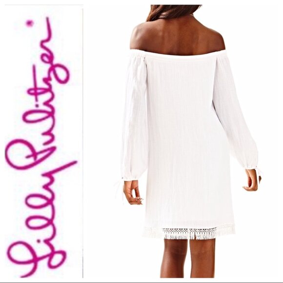 LILLY PULITZER WHITE ADIRA OFF SHOULDER LONG SLEEVE FRINGE MINI DRESS SZ: S - Picture 5 of 10